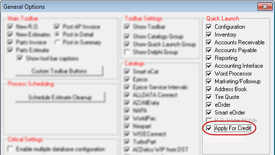 The Apply for Credit option checked on the General Options window.
